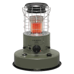 Safe indoor gas heater with metal safety guard and adjustable thermostat.