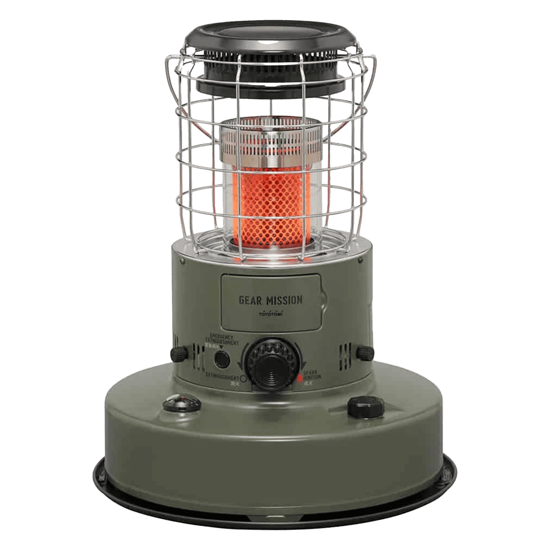 Safe indoor gas heater with metal safety guard and adjustable thermostat.