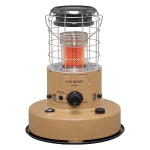 Heated outdoor heater with safety grill, ideal for patios and camping, offering portable warmth and safety.