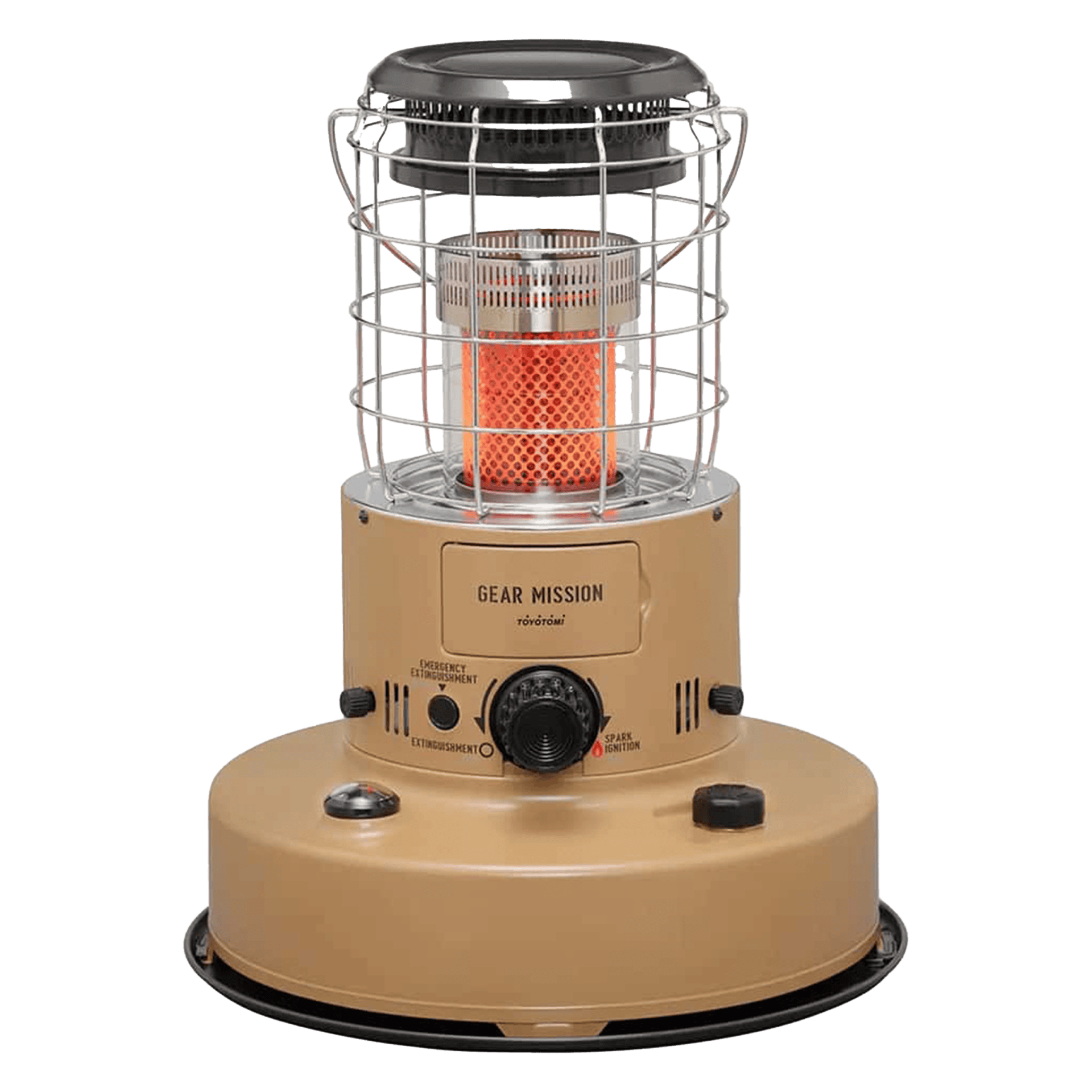 Heated outdoor heater with safety grill, ideal for patios and camping, offering portable warmth and safety.